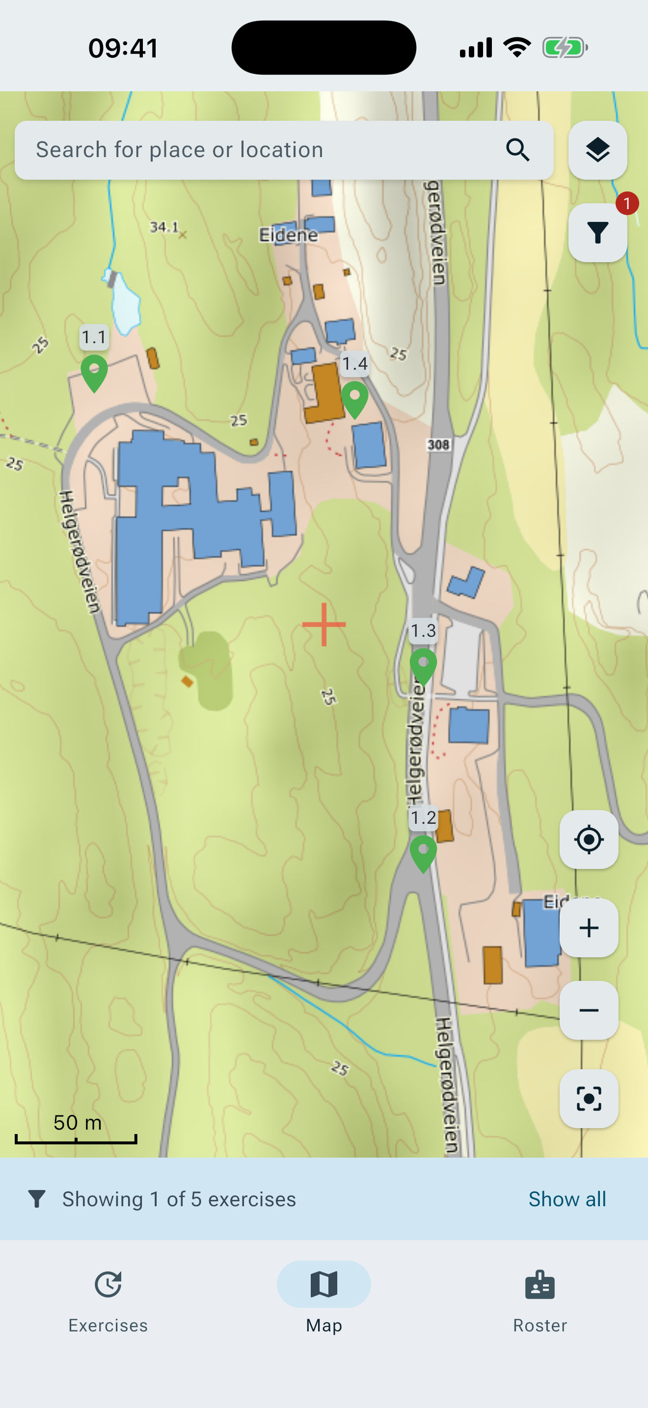 Map with stations placed on the terrain